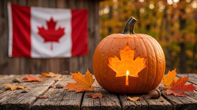 Jack-o-lantern with maple leaf carving and Canadian flag on a rustic wooden table.