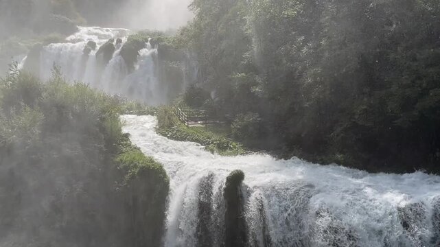 Marmore Falls is a tiered, man-made waterfall in Italy, created by the Roman in 271 BC. At 165 m fall, It is the largest man-made waterfall in the world. It is located about 8 km from Terni, Italy