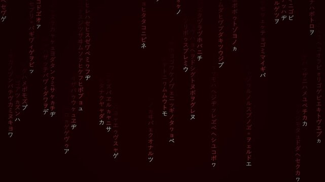 Red digital rain cyber code stream, falling matrix Japanese characters background, futuristic cyber security technology motion graphics