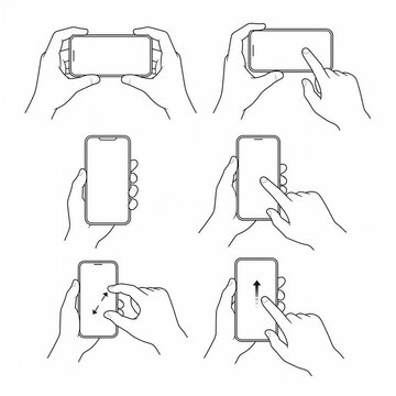 Mobile phone hand gesture icon set illustrating touch navigation for user interface design and software development on transparent