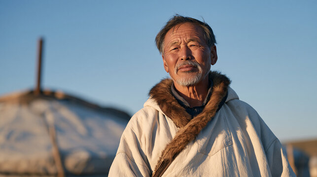 Mongolian herder standing outside his dwelling in still air, breathing with visible effort and slightly pursed lips, dyspnea symptom, COPD exacerbation, chronic lung disease in