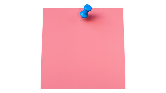 Minimalist 3D pink sticky note with blue pushpin attached on white background for office reminders planning organization and communication design