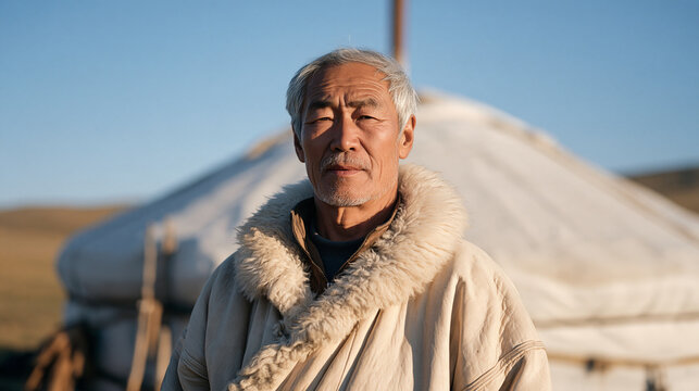 Mongolian herder standing outside his dwelling in still air, breathing with visible effort and slightly pursed lips, dyspnea symptom, COPD exacerbation, chronic lung disease in