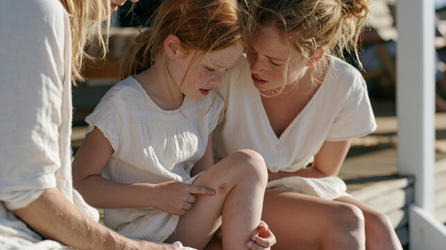 A redhead girl with freckles sitting on a wooden porch step holding her shin and pointing to an unusual mole to her mother, skin lesion symptom, childhood dermoscopy concern,