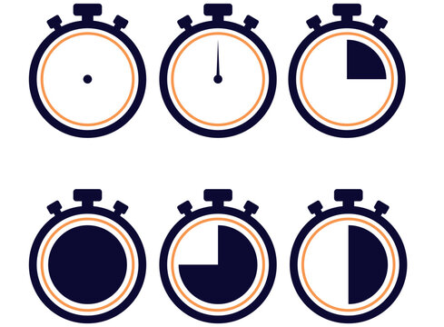 Set of six graphic stopwatch icons illustrating different stages of time measurement, progress, and countdown.