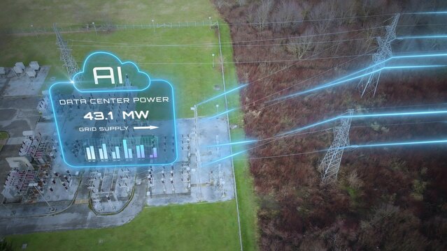 Aerial view of electrical substation with added graphics showing AI data center power demand with animated electricity flow and energy monitoring