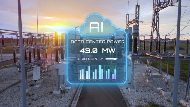 Aerial view of a power substation with a digital overlay displaying AI data center power consumption and grid supply metrics