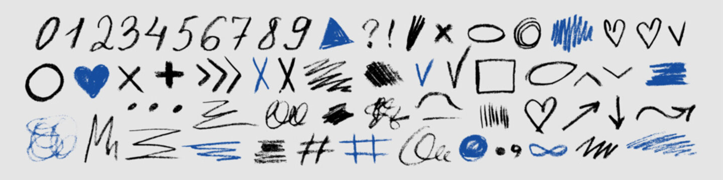 Collection of black and blue hand drawn marker symbols, numbers, arrows, hearts, lines, circles, and punctuation arranged in rows on a light gray background.