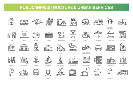 Public Infrastructure and Urban Services Line Icons Set
