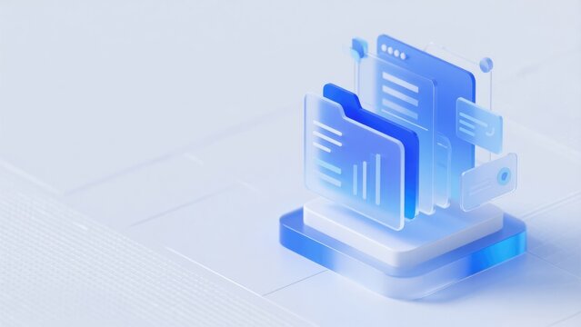 Blue 3D document folders and interface panels arranged on a clean digital platform with spacious copy space, modern technology concept, idea for file management, business data and organized workflow
