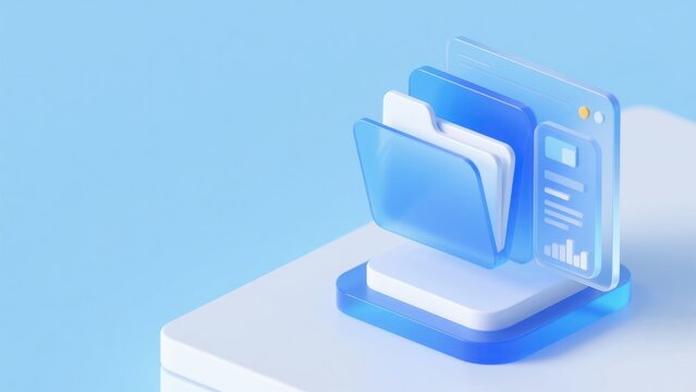 Blue 3D file folders and digital interface panels displayed on a clean platform with copy space, modern technology concept, idea for document management, organized data storage and business analytics