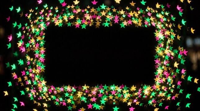 Rectangular border made of glowing colorful star shapes on a black background.