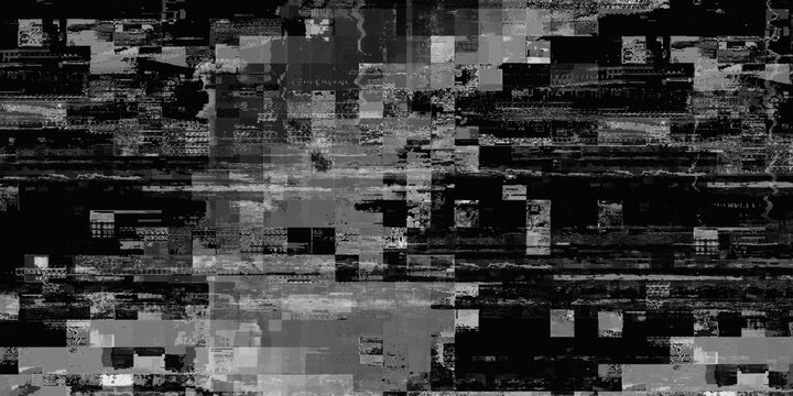 Monochrome digital glitch abstract background with noise texture and pixel static distortion