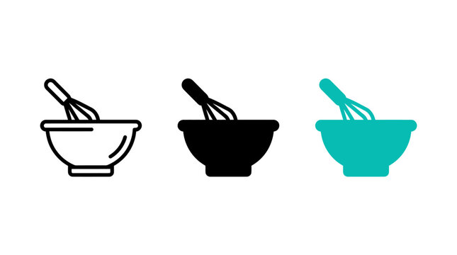 Mixing bowl and whisk icon design set vector illustration for kitchen and cooking