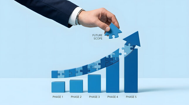 Businessman hand completing a jigsaw puzzle arrow on top of a rising bar chart representing future scope, business growth, strategic planning, and successful financial progress through phases.