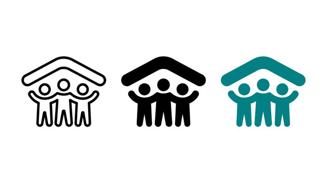 Set of Nonprofit Icons Featuring Three People Sheltered Under A Protective Roof