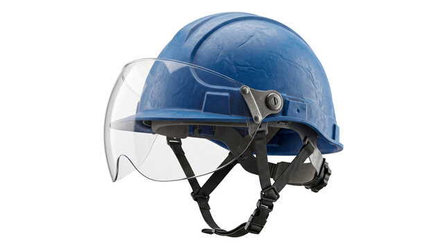 Blue industrial safety helmet with clear face shield for construction worker protection against impact.