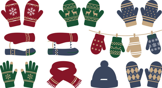 A vibrant collection of winter mittens and hats perfect for the cold season isolated on transparent background