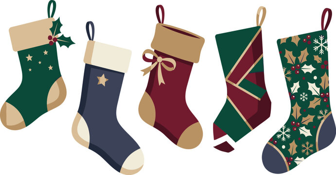 Festive collection of five christmas stockings with varied designs isolated on transparent background