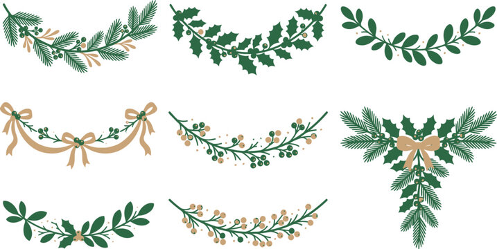 A collection of beautiful watercolor christmas wreaths and sprigs isolated on transparent background