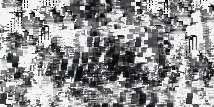 Abstract black and white glitch background with pixel noise and grainy texture