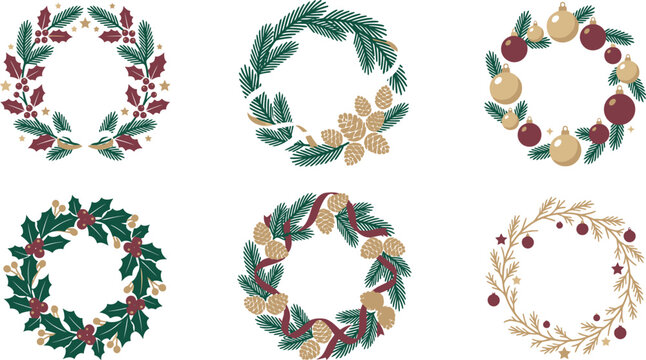 Six watercolor wreath designs featuring festive foliage and berries isolated on transparent background