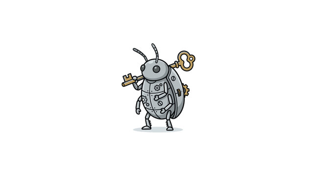 Mechanical beetle insect cartoon character carrying a large antique golden key