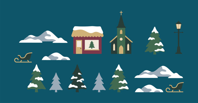 Charming winter scene elements houses trees and mountains a festive collection isolated on transparent background
