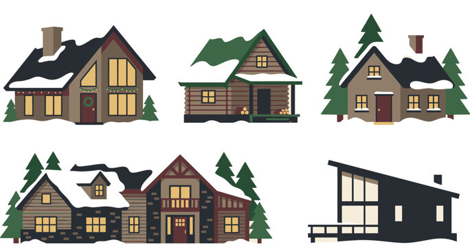 Charming winter houses collection a festive and cozy selection isolated on transparent background