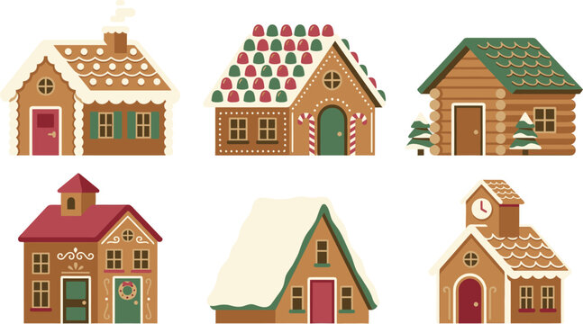 Charming collection of six gingerbread houses festive holiday treats isolated on transparent background