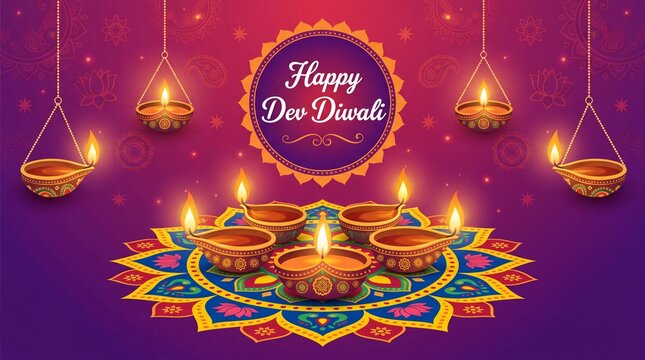 Illuminated dev diwali celebration with traditional diyas and festive rangoli design