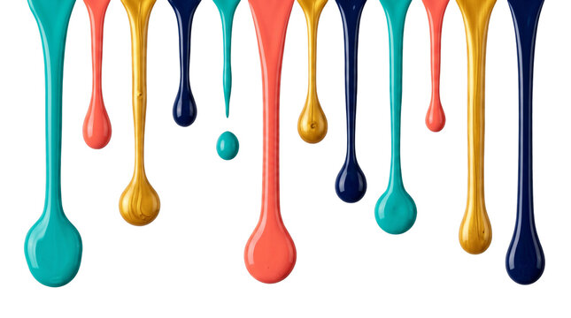 Collection of Colorful Liquid Paint Drips and Drops Dripping Downward for Creative Art Background