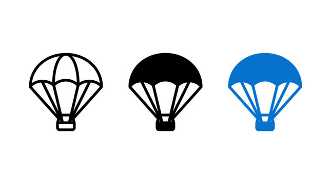 Set of parachute icon design vectors in outline, solid, and blue color styles