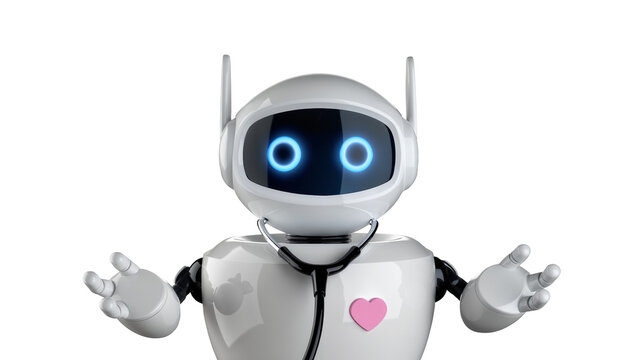 Friendly white robot doctor with stethoscope and pink heart, isolated on transparent background