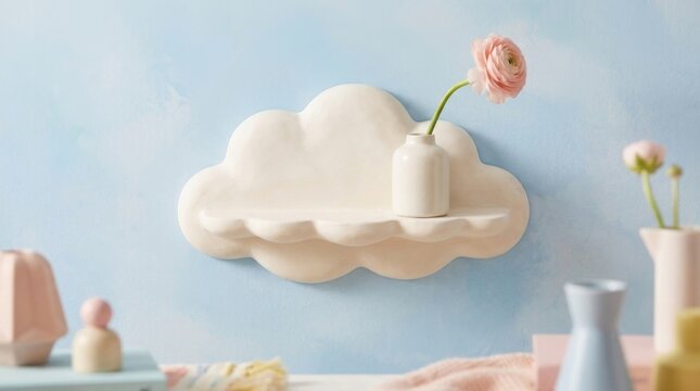 Floating Cloud Shelf on Pastel Wall with Flower Vase Decor