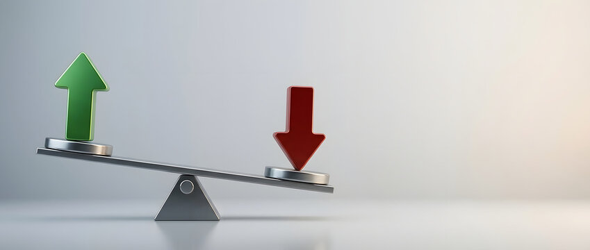 Financial Balance and Market Fluctuation Concept with Green Up Arrow and Red Down Arrow on Seesaw Representing Profit and Loss or Economic Growth and Decline on Neutral Background