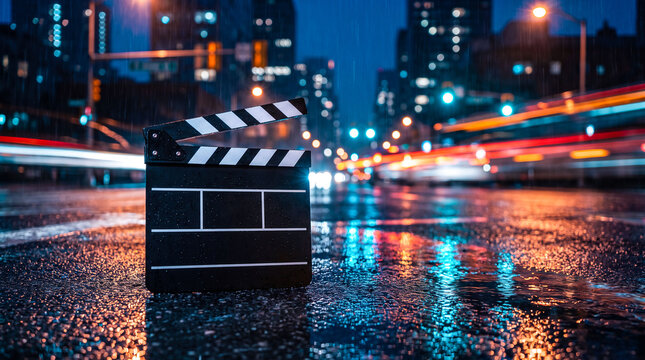 Movie clapperboard placed on wet asphalt street during rainy night featuring blurred city traffic lights for cinematic production concept or film industry projects.