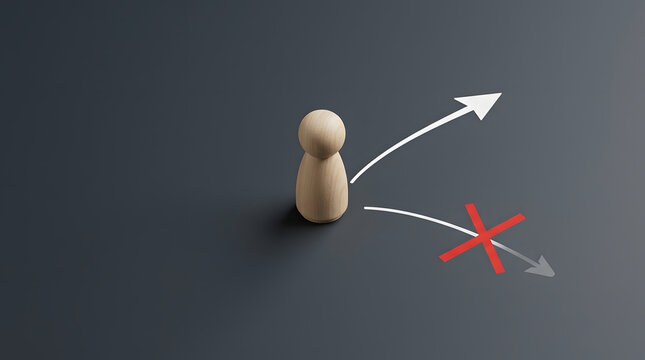 Wooden peg doll figure choosing between two directions with a white arrow pointing to success and a red cross mark blocking the wrong path, concept for decision making and career strategy.