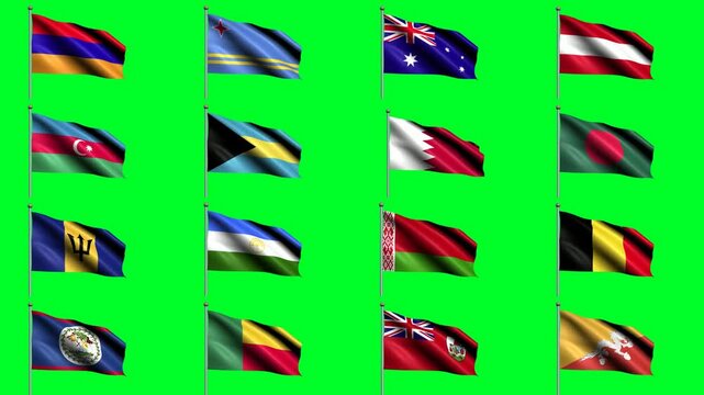 World flags wave on green screen in a spaced sixteen-flag flag collection, showing geography, identity, culture, travel, diplomacy, and symbolism for design, publishing, education, and media use.