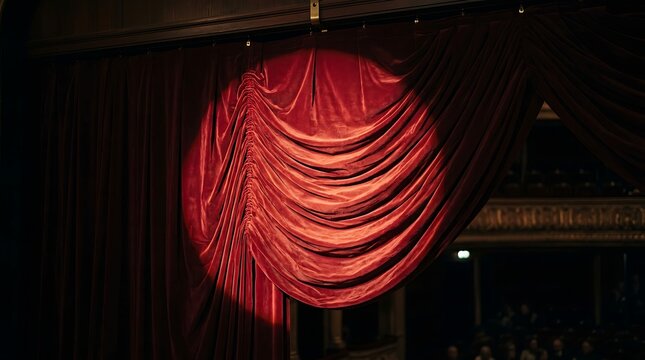 A bright spotlight shining on heavy red velvet theatre stage curtains in a darkened auditorium
