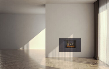 Obraz premium Modern bright living room lounge interior with fire place 3D rendering illustration