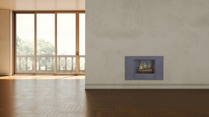Obraz premium Modern bright living room lounge interior with fire place 3D rendering illustration