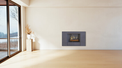 Obraz premium Modern bright living room lounge interior with fire place 3D rendering illustration