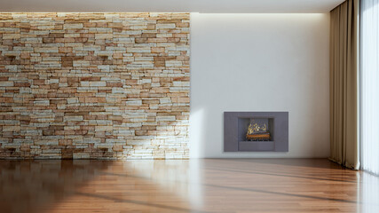 Obraz premium Modern bright living room lounge interior with fire place 3D rendering illustration