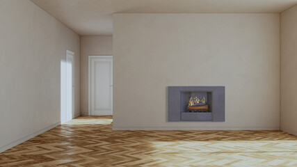 Obraz premium Modern bright living room lounge interior with fire place 3D rendering illustration