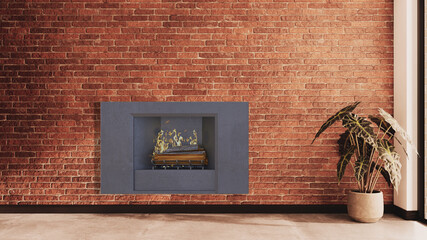 Obraz premium Modern bright living room lounge interior with fire place 3D rendering illustration