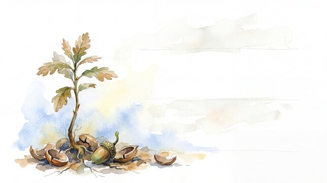 Watercolor oak sapling illustration, a young tree growing from an acorn, symbolizing new beginnings and growth. Hand-painted botanical art for nature, environment, and sustainability themes.