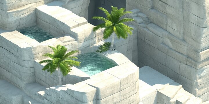 Virtual oasis paradise: serene blue water pools between sunlit white stone terraces. Two lush green palm trees thrive in tranquil digital metaverse landscape.