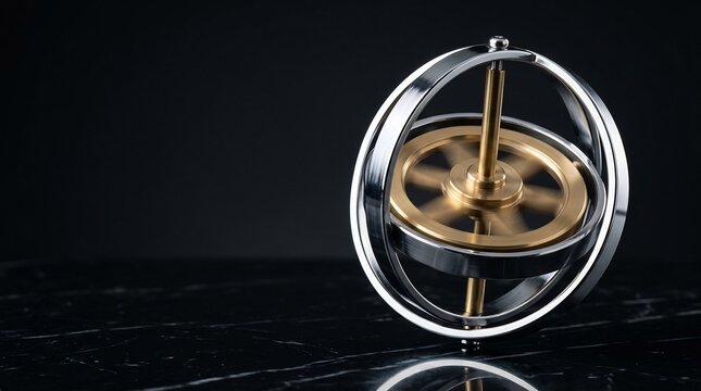Mechanical brass gyroscope spinning in balance on dark marble surface, demonstrating physics principles of angular momentum, inertia, and equilibrium