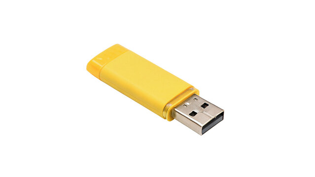 Yellow plastic USB flash drive memory stick on transparent background